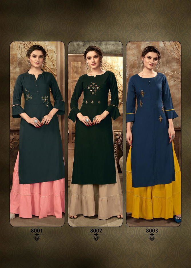 4Colours Zulfat Fancy Casual Wear Rayon Slub With Embroidery Work Kurti With Bottom Collection